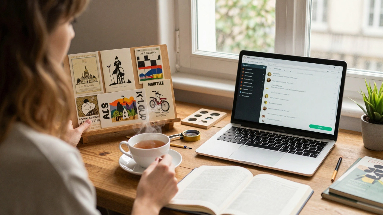 A woman displays vintage postcards in her home studio, surrounded by books and tea, working independently.