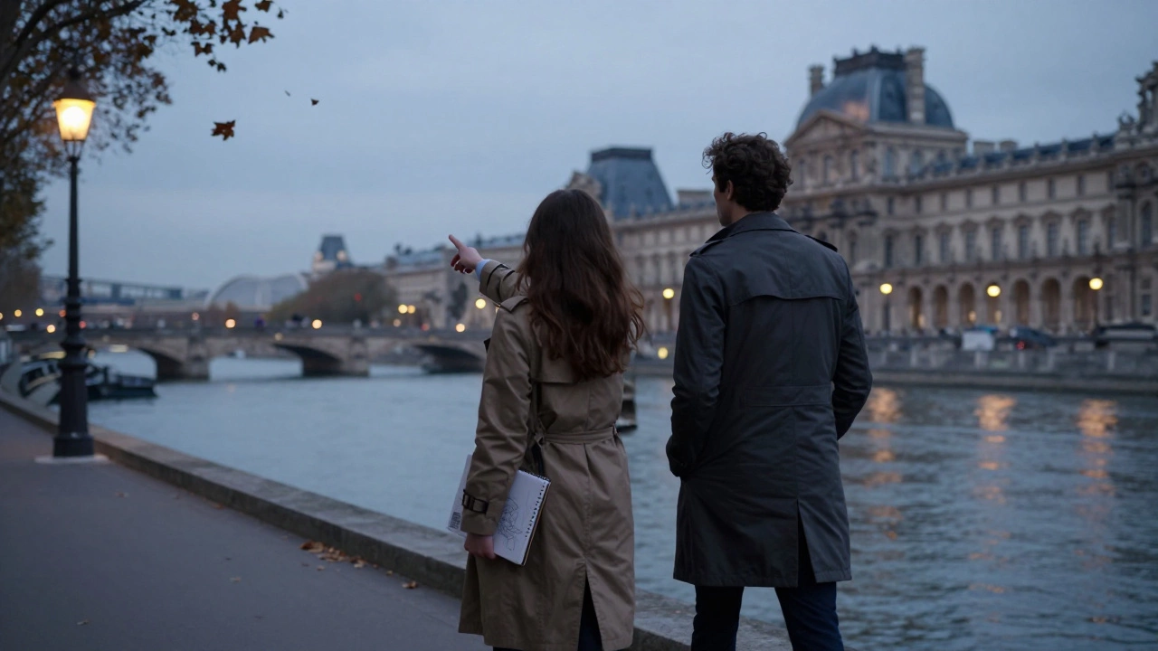 A woman walks along the Seine with a man, pointing to the Louvre, both engaged in quiet companionship.