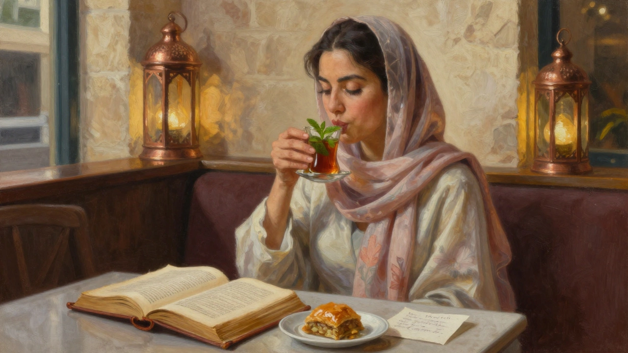 Kimber Devine sipping mint tea at a quiet Dubai café with French poetry open on the table.