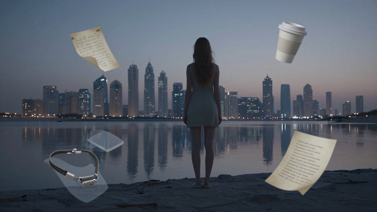 Surreal image of Kimber Devine at Dubai Creek, surrounded by floating personal mementos under moonlight.